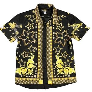 Phat Farm Boys Shirt Black Gold Baroque Chain Star Print Y2K Hip‎ Hop Size L